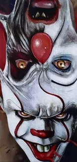 Creepy wallpaper with dual-faced clown art and intense eyes.