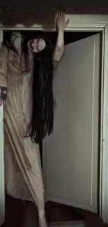 Eerie figure emerges from a doorway with long, dark hair; perfect for horror fans.