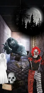 Creepy haunted hallway with eerie ghosts and spooky clown.