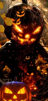 Creepy Halloween pumpkin with glowing eyes.