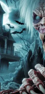 Scary creature with haunted house in moonlit night.