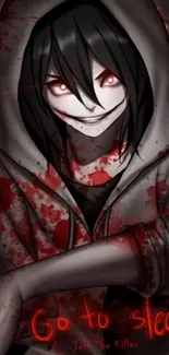 Hooded anime character with creepy smile and red accents.