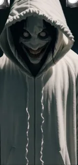 Creepy hooded figure with sinister smile.