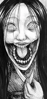 Creepy black-and-white illustration of a wide-eyed figure with an open mouth.