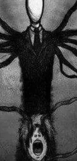 Creepy monochrome wallpaper with eerie faceless figure and dark tentacles.