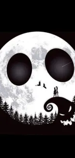 Graphic moon and forest design with spooky details on mobile wallpaper.