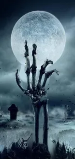 Creepy skeletal hand reaching towards a full moon in a foggy night sky.