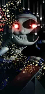 Creepy character with glowing eyes and starry details on dark background.