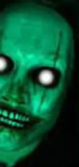 Creepy neon green face with glowing eyes.