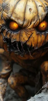 Creepy pumpkin monster with glowing eyes.