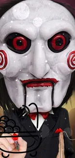 Creepy puppet mask with red eyes on mobile wallpaper.