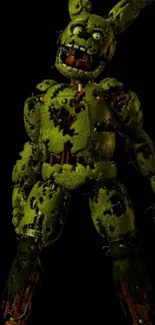 Creepy green robot character on dark background.