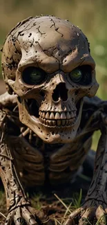 Creepy robotic skull on forest floor.