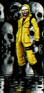 Creepy masked figure in yellow suit with skull reflections on water.