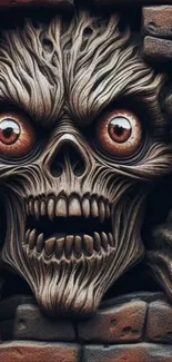 Creepy skull breaking through wall artwork.