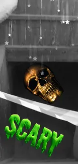 Creepy skull emerging from a dark hole with a green 'scary' text overlay.