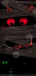 Creepy wooden door with red eyes and green spiders.