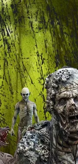 Zombie wallpaper with eerie green background and terrifying creatures.