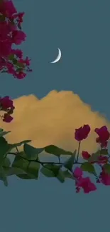 Crescent moon with flowers and cloud against a teal sky.