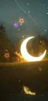 Glowing crescent moon in starry night sky over forest cabin.