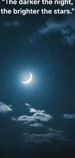 A serene night sky with a crescent moon and twinkling stars quote.