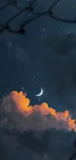 Crescent moon in starry night sky with glowing clouds.