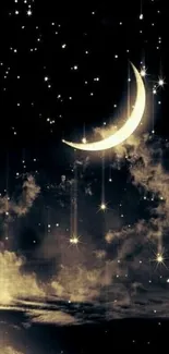 Crescent moon and starry sky with glowing clouds wallpaper.