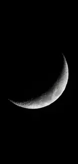 A dark crescent moon against a black sky at night.