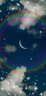 Crescent moon and rainbow in starry night sky with clouds.