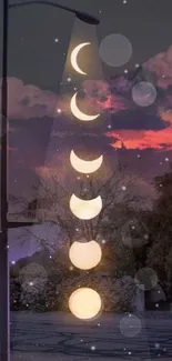 Moon phases under street lamp with evening sky background