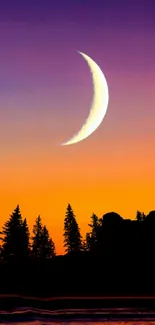 Crescent moon over orange sunset with forest silhouette.