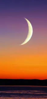 Crescent moon and vivid sunset create a serene evening phone wallpaper scene.