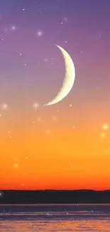 Crescent moon with vibrant sunset and calm sea landscape wallpaper.