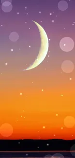 Crescent moon in a vivid sunset with scattered stars.