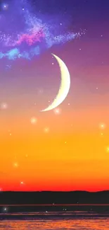 Crescent moon in colorful sunset sky for mobile wallpaper.