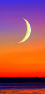 Crescent moon over vibrant sunset sea view wallpaper.