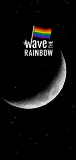 Crescent moon with rainbow flag and stars on black background.