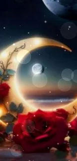 Crescent moon with glowing roses on a starry night background wallpaper.