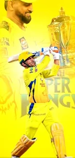 Cricket player in yellow hitting ball with trophy background.