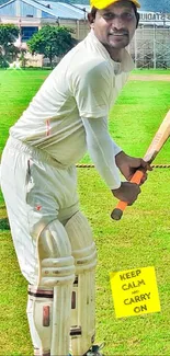 Cricket player ready to bat on a grassy field with a calm message.