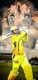 Cricketer in yellow with lion backdrop on mobile wallpaper.