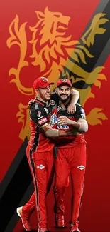 Cricket players on red background with lion emblem.