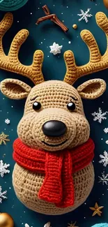 Knitted reindeer with a red scarf on a festive blue background with snowflakes.