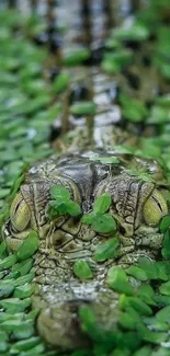 Crocodile camouflaged in green aquatic plants.