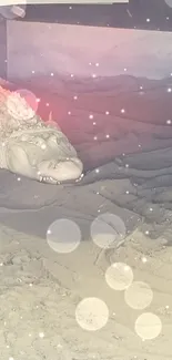 Crocodile basking under a heat lamp with sandy surroundings.