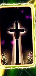 Illuminated cross with festive lights and glowing background.