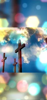 Mobile wallpaper featuring crosses against a vibrant sky with bokeh lights.