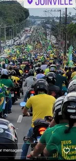 Vibrant motorcycle parade with flags and crowd.