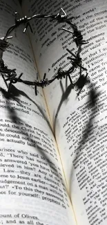 Crown of thorns shadow forming a heart on an open book in a serene setting.