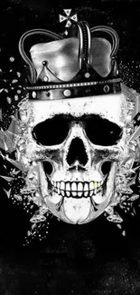 Skull with crown and crystals on black wallpaper.